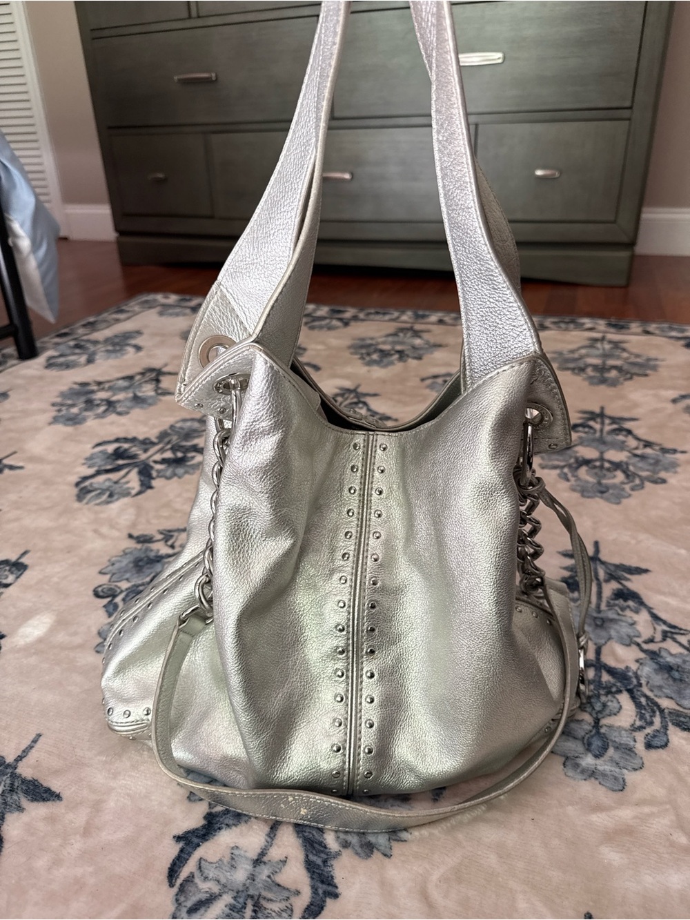 Michael Kors Silver Studded Pebbled Leather Hobo